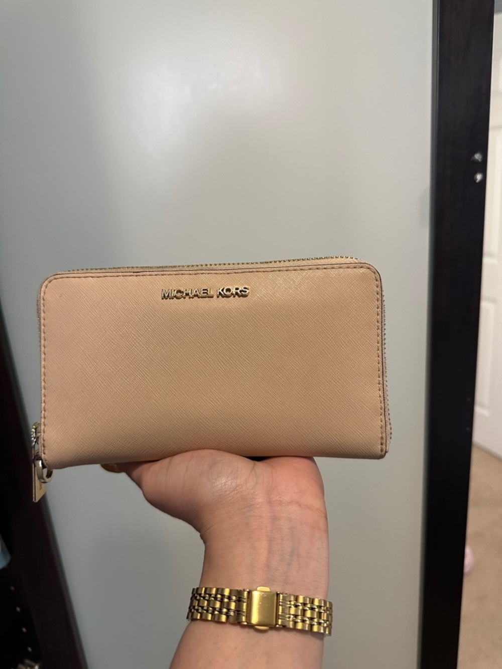 Michael Kors Saffiano Zip Wallet in Beige